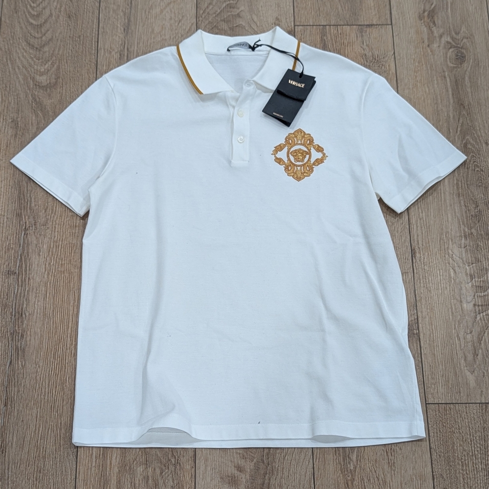 $950 Mens VERSACE Barocco Crest Polo Shirt White/Gold Large